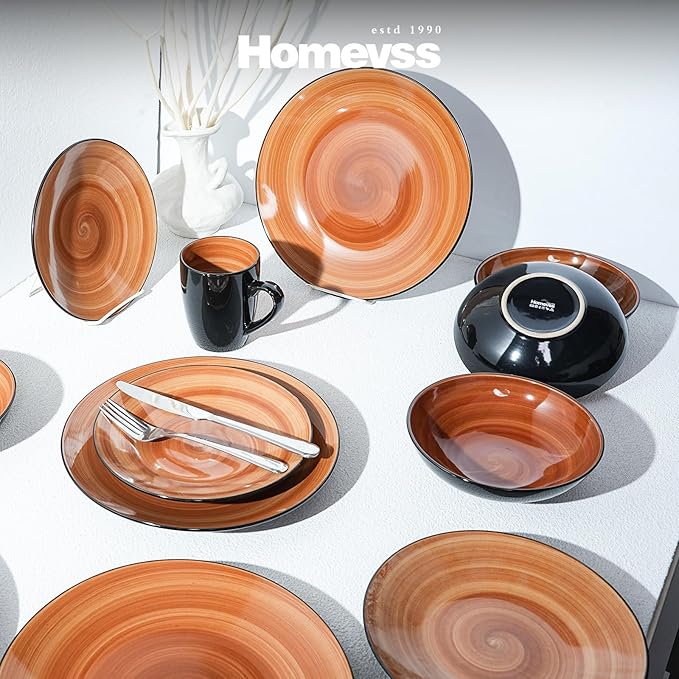 Sonoma Stoneware 16pc Dinnerware Set Outside Black + Inside Hand Painting Color Spice