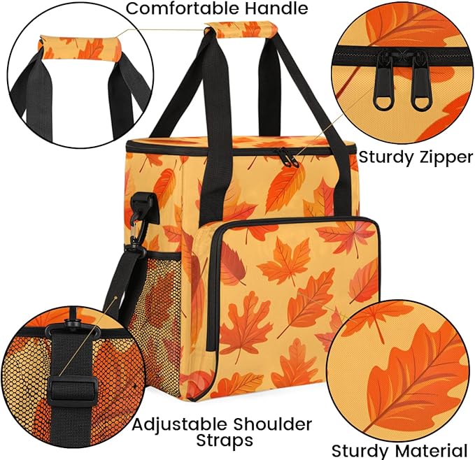 Autumn Leaves Theme Coffee Maker Travel Bag for Keurig K-Mini/K-Mini Plus Insulated Waterproof Tote with Pockets for K-Cup Portable Single-Serve Brewer Case