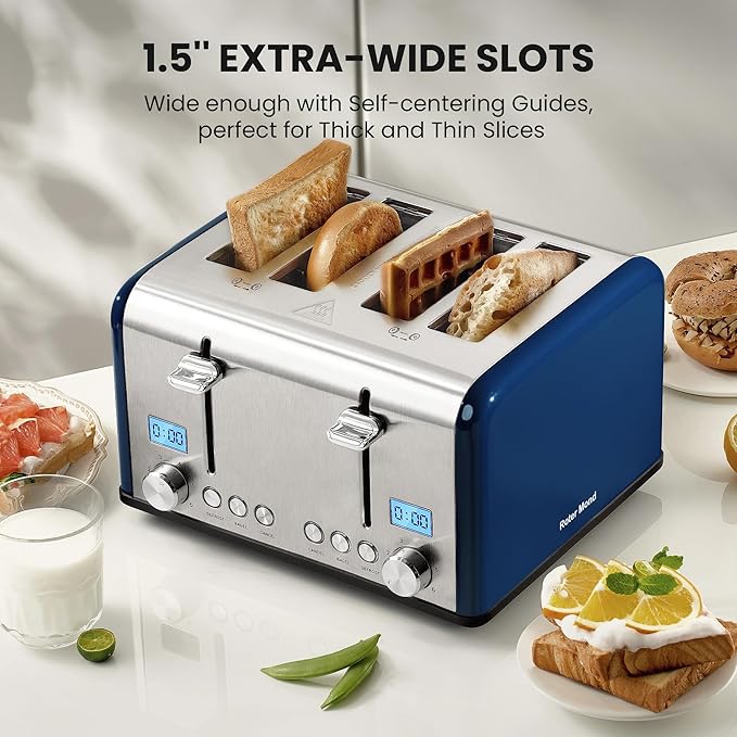 Roter Mond Countdown Stainless Steel 4 Slice Toaster with Bagel Defrost Cancel Function Dual Toaster Extra Wide Slots 6 Shade Settings Removable Crumb Trays 1650W Blue