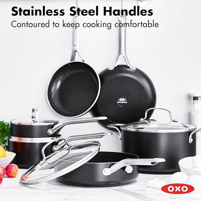 OXO Agility Series 10 Piece Cookware Pots and Pans Set Ceramic Nonstick PFAS-Free Induction SkilletsSaucepansLidsEven HeatingStainless Steel HandlesChip-Free RimsDishwasher &amp Oven SafeBl