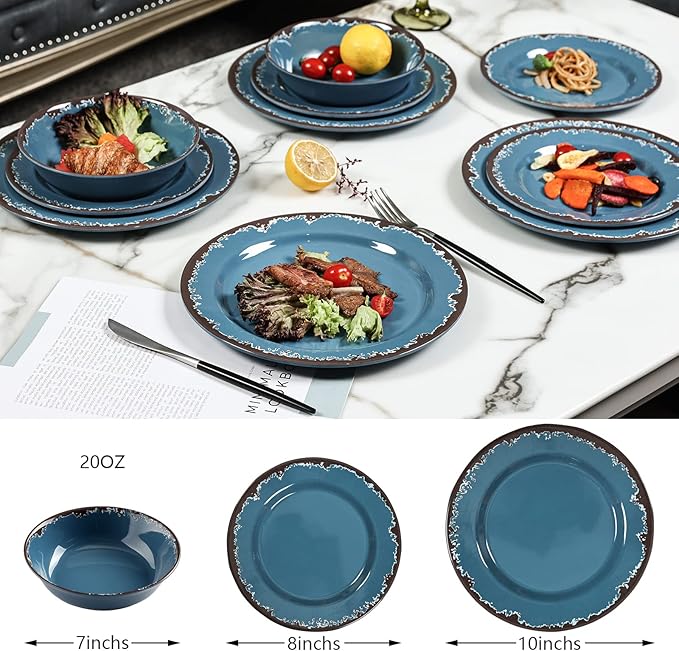 Melamine Dinnerware Set - Yinshine 12-Piece Dishes SetShatterproof Plates and Bowls Sets LightweightUnbreakableDishwasher SafeBlue