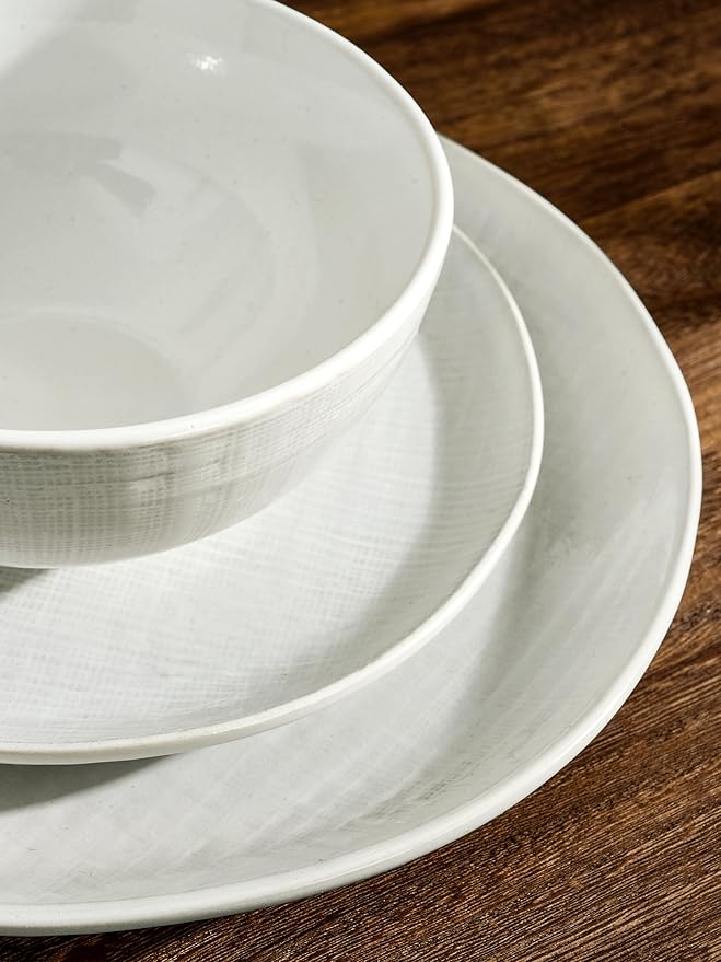 Famiware Moonlight Plates and Bowls Sets 12 Pieces Stoneware Dinnerware Sets with Linen Finish Handmade Dishware Set for 4 Microwave and Dishwasher Safe Chip and Scratch Resistant White