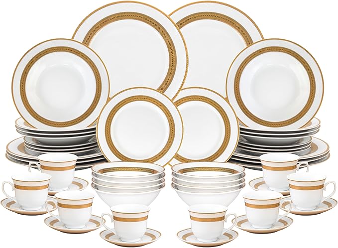 48 Piece Gorgeous Dinnerware Sets for 8 – Porcelain Plates Cups Saucers and Bowls – Elegant Rope Gold Design Dishware – Dish Set for Kitchen Table Formal Dining or Everyday Use (Rope Gold)