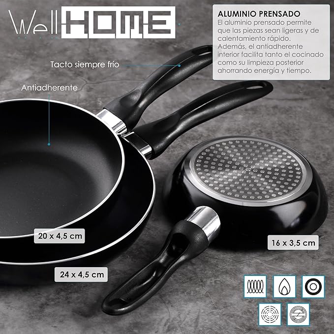 Well Home Set of 8pc Stainless Steel Cookware + 3 Frying Pans Ø16Ø20Ø24cm Black in Pressed Aluminium