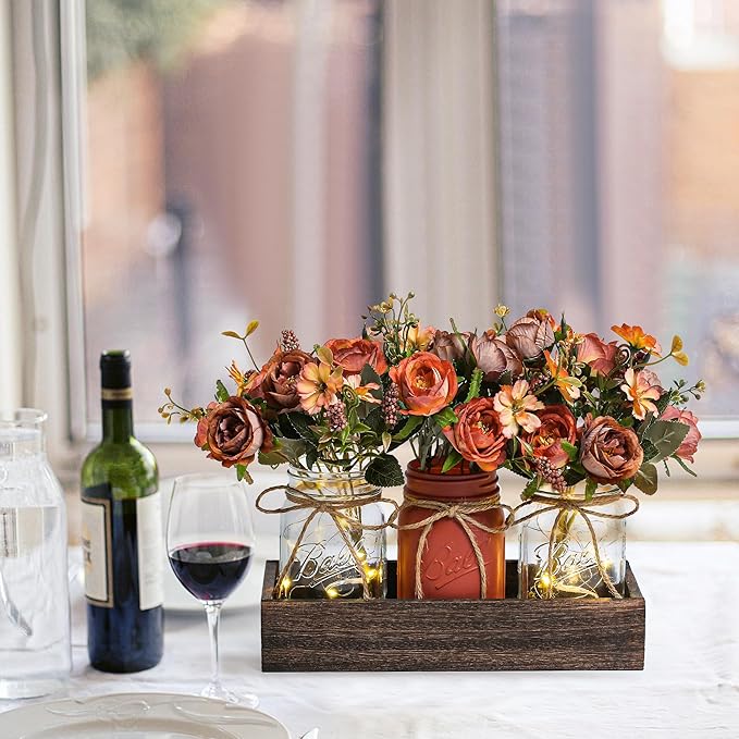3 Pcs Mason Jar Centerpiece Table Decorations for Dining Table Decor Farmhouse Coffee Table Decor with Wood Tray and Led Light Table Centerpieces for Dining room Kitchen Living BathroomOrange