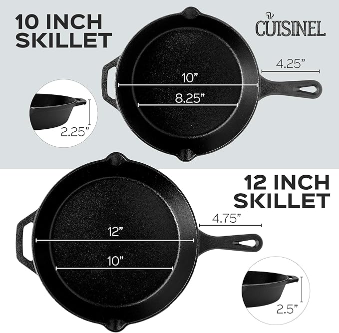 Cuisinel Pre-Seasoned Cast Iron Skillet 2-Piece Set (10-Inch and 12-Inch) Oven Safe Cookware- 2 Heat Resistant Holders