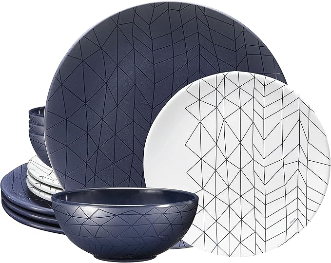 bzyoo BPA-Free Dishwasher Safe 100% Melamine Plate &amp Bowl Set for Casual dining Indoor and Outdoor Dining Party (12 PCS Dinnerware set 6pc Tumbler Bundle Set Spidy French Navy)