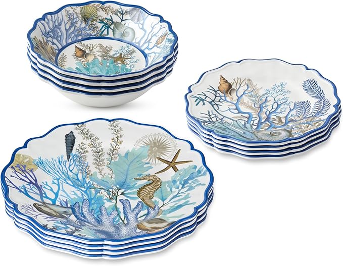 Blue Lagoon Melamine 12-Piece Dinnerware Set – Coastal Coral and Shell Design Service for 4 – 11 Dinner Plates 9 Salad Plates and 28oz Bowls – Durable Lightweight BPA-Free Dishwasher SafE