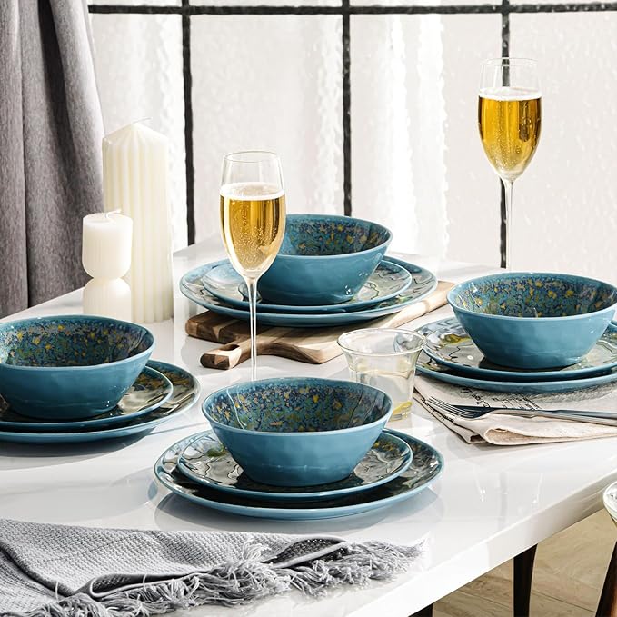 FINE&ampNICE Melamine Dinnerware Set of 12Pcs Dish Set for 4 Lightweight Unbreakable Plates and Bowls Set Great for RVs Camping Dishwasher SafeRusty Blue