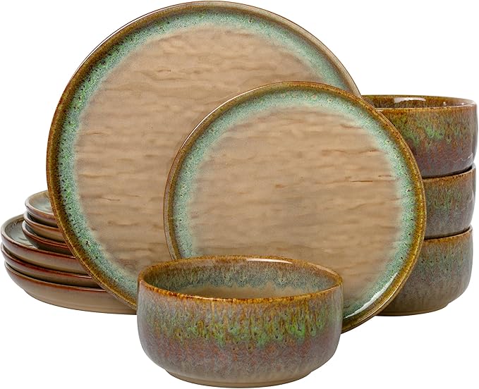 Joseph Sedgh Collection “Alyssa” 12-Piece Stoneware Dinnerware Set with Reactive Glaze Finish Service for 4 Brown Reactive Glaze