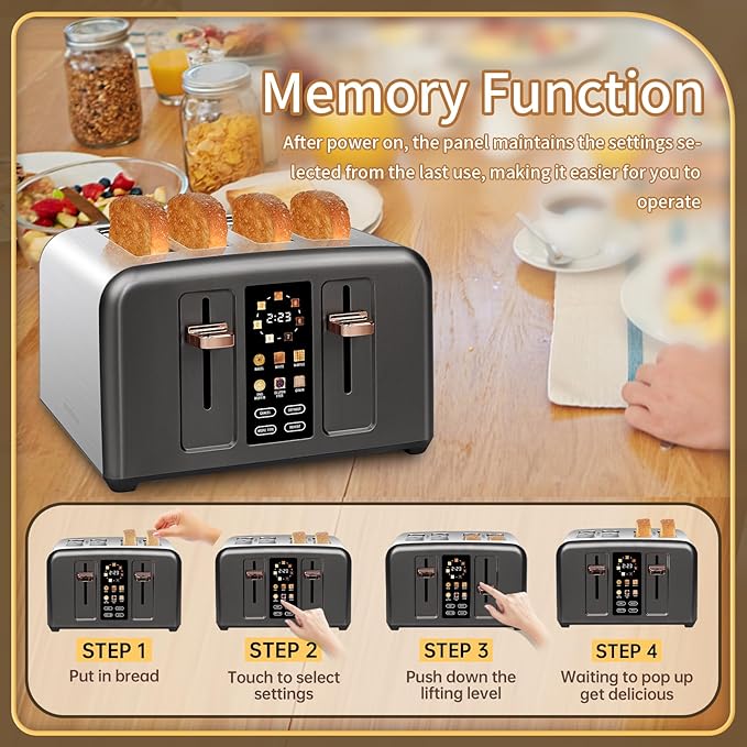SEEDEEM Toaster 4 Slice Stainless Toaster &amp Touch Control LCD Display 6 Bread Type 7 Shade Settings 1.5'' Wide Slots Cancel/Defrost/Reheat Removable Crumb Tray 1800W Dark Metallic