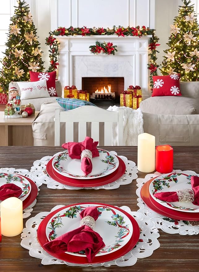BrylaneHome 16 Piece Christmas Dinnerware Set (Service for 4) Includes Dinner &amp Salad or Dessert Plates Bowls Mugs Red &amp Green Holly &amp Holiday Ribbon Pattern - White
