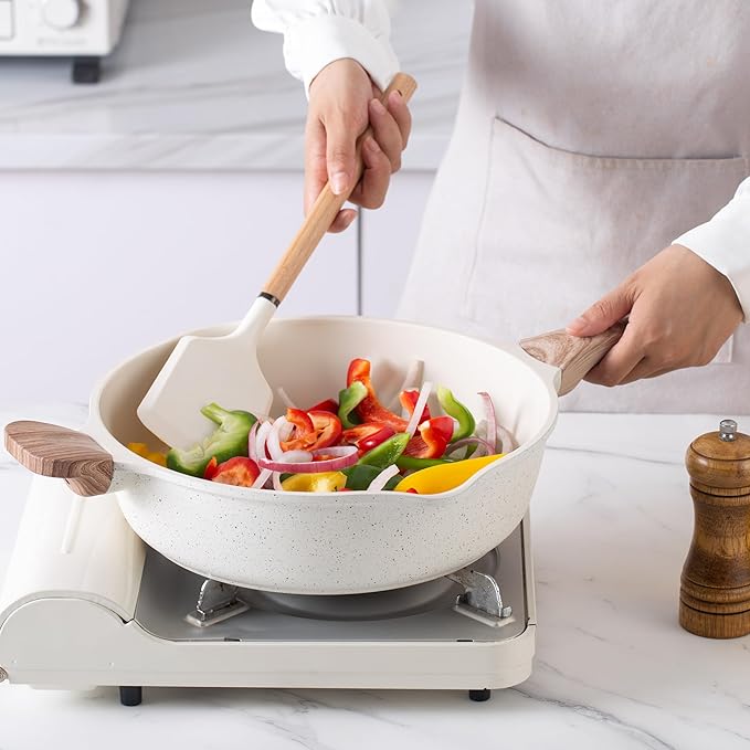 Country Kitchen Pots and Pans Set Nonstick Cast Aluminum Kitchen Cookware Set with Utensils 14 Pcs Non Stick Cooking Set w/Frying Pans &amp Saucepans Cream