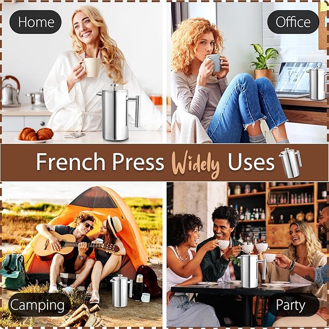 34oz French Press Coffee Maker 1000ml Stainless Steel Double Insulated Cafetiere 8 Cup Espresso Coffee Press Portable Coffee Plunger Pot for Home Office Camping