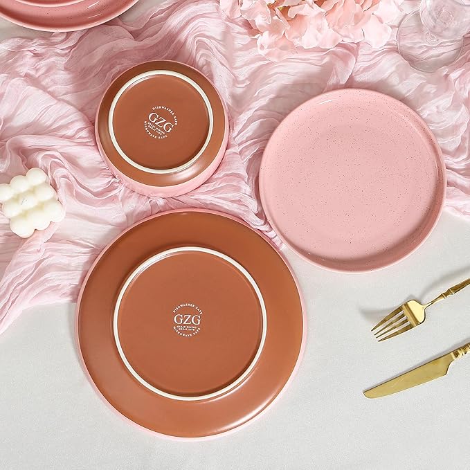 GZG Ceramic Dinner Salad Plates Set of 4 8 Inch Speckled Dinnerware Dessert Plates with Clay-Tone Base Microwave Oven Dishwasher Safe