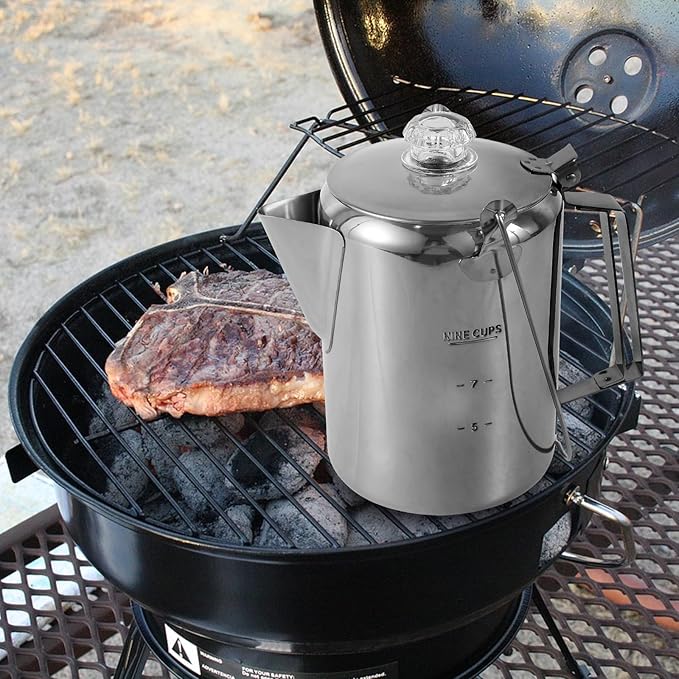 Percolator Coffee Pot with Clear Top Glass KnobCoffee Percolator Stainless Steel Camping Coffee Pot Outdoor Stovetop Coffee Maker for Group Camping Hiking Backpacking Travel 9 Cups
