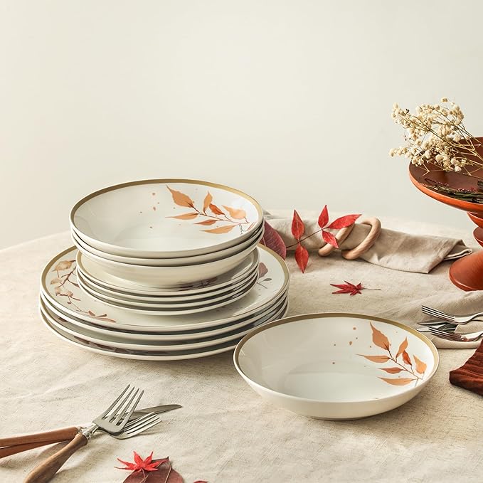 Stone Lain Maple 24-Piece Dinnerware Set Porcelain Plates and Bowls Set Dishwasher and Microwave Safe Dish Set for 8 White