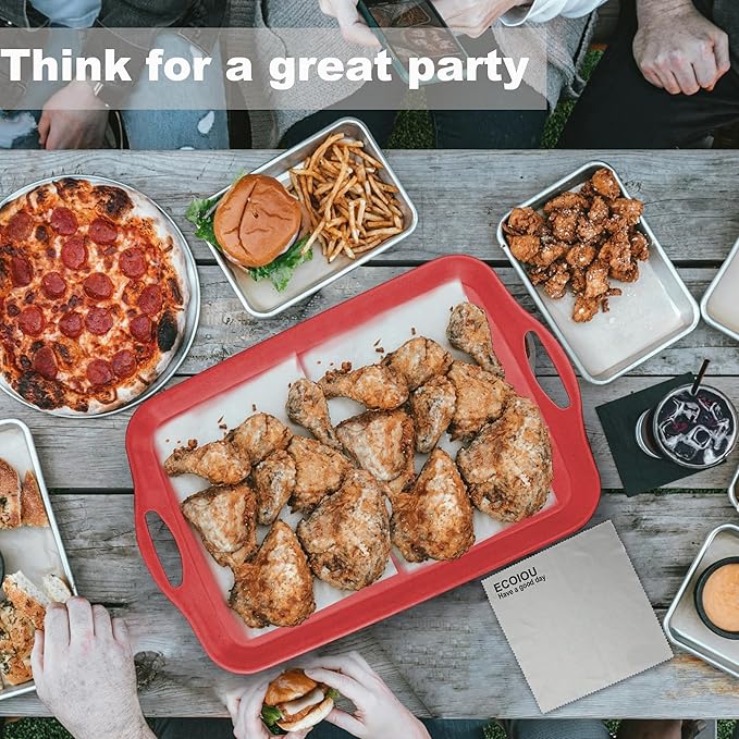 Extra Large Serving Tray with Handles 20x13 inch Set of 2 Melamine Platters for Serving Food Turkey Cookie Rectangular Trays for Eating Raised Dots Matt Finished Dishwasher Safe Red