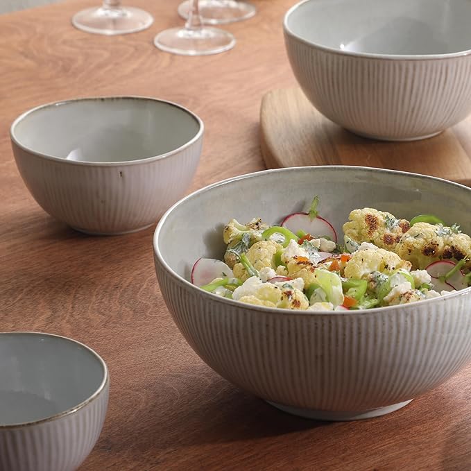 Gibson Elite Sandy Pines 4 Piece Nesting Bowl Set 4” 5.5” 7” &amp 9” Round Stoneware Bowls Reactive Glaze Finish Taupe Mixing Prep &amp Serving Bowls Microwave &amp Dishwasher Safe