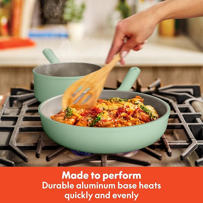 bella 7 Piece Cookware Set with EverGood™ Ceramic Nonstick Coating Dishwasher Safe Oven Safe All Stovetops Compatible Glass Lids with Silicone Rims Cool Touch Handles Seaglass