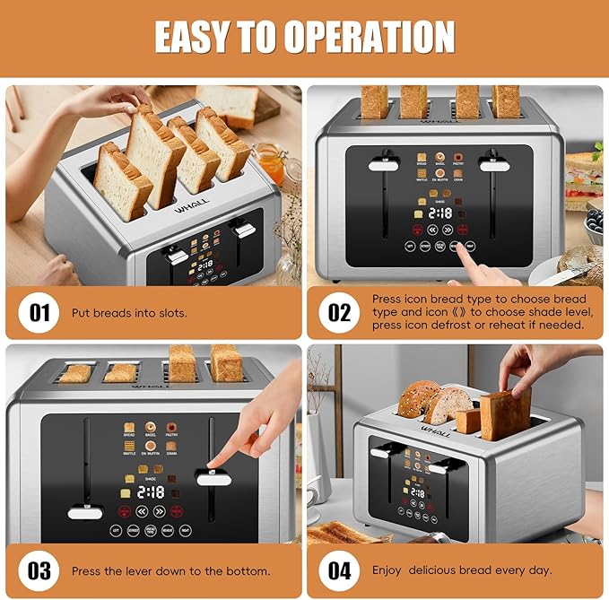 WHALL Touch Screen Toaster 4 Slice 1.5'' Extra Wide Slot Smart Toaster with Digital Timer 6 Bread Types &amp 6 Shade Settings Crumb Tray Reheat/Defrost Stainless Steel Bread Toasters (titanium