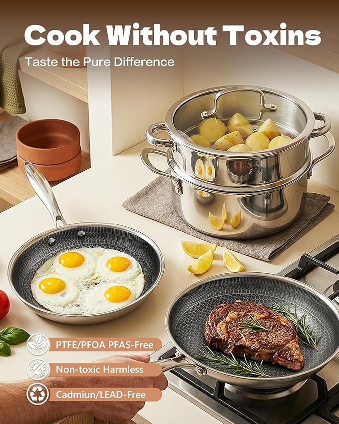 15 Piece Pots and Pans Set Nonstick Tri-Ply Stainless Steel Cookware Set Oven Safe PFOA/PTFE Free Dishwasher Safe Compatible with All Cooktops