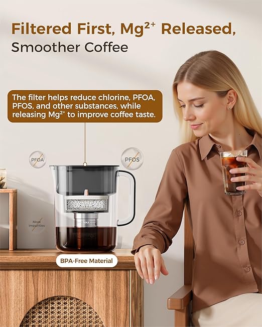 Waterdrop Cold Brew Coffee Maker with 1 Magnesium Water Filter for Well-Balanced Acidity Unlocks Aroma BPA-Free Cold Brew Pitcher Stainless Steel Filter for Iced Coffee Tea Lemonade Black