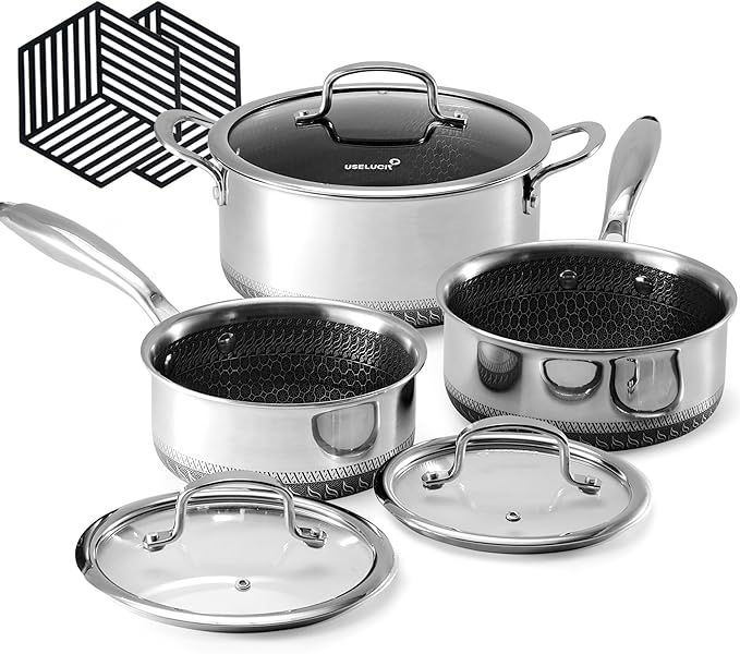 Hybrid Nonstick Pot Set 1.5 QT Sauce Pan 2 and 5.2 QT Stock Pot with Glass LidsCookware setsStay-Cool Handles2 Silicone TrivetsDishwasher-FriendlyCompatible All Cooktops.