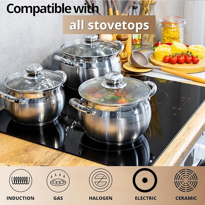 Daniks Classic 6.5 Quart Stainless Steel Stock Pot with Glass Lid Tri-Ply Bottom for Even Heating Induction Compatible Dishwasher Safe