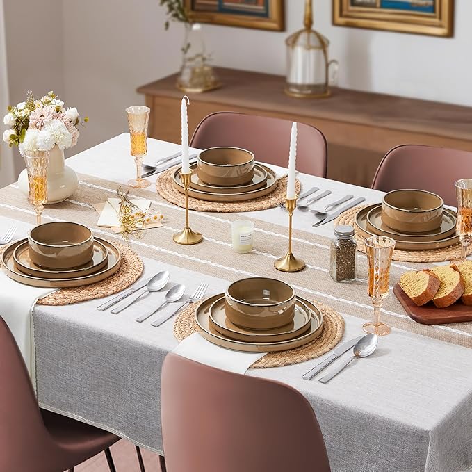 LIANYU 24 Piece Stoneware Dinnerware Sets Modern Plates and Bowls Dishes Set for 8 Elegant Dinning Dishware for Dinner Salad Cereal Dishwasher &amp Microwave Safe Amber Gold