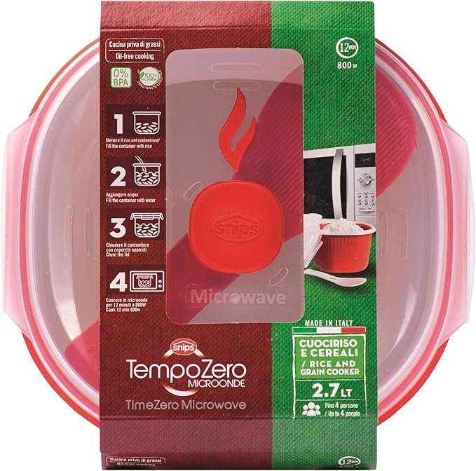 Snips - Microwave Rice Cooker - For Rice Grains and Vegetables - Microwave rice steamer 2.70 litres - 20.5 x 20.5 x 14.5 cm - Rice Cooker Microwave White and red - 100% Made in Italy