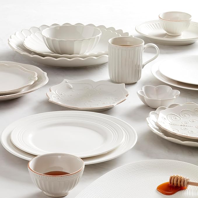 Lenox Dinnerware Set French Perle Scallop 4-Piece Place Setting Service For 1 Dinnerware Set Stoneware Includes Plates Bowl and Mug Dishwasher And Microwave Safe Dish Set (White 4 Piece)