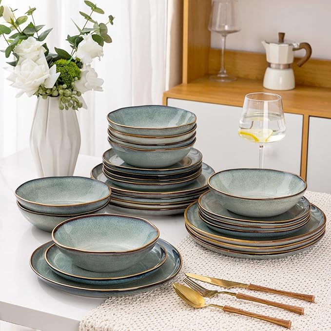 AmorArc Ceramic Dinnerware SetsHandmade Reactive Glaze Stoneware Plates and Bowls SetsHighly Scratch Resistant | Dishwasher &amp Microwave Safe Dishes SetService for 4 (16pc)