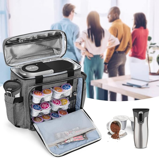CURMIO Coffee Maker Travel Bag Compatible with Keurig K-Mini or K-Mini Plus Single Serve Coffee Brewer Carrying Case with Multiple Pockets for K-Cup Pods Travel Mugs Gray (Bag Only Patent Design)