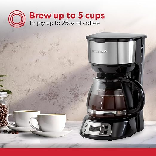 Holstein Housewares 5-Cup Programmable Coffee Maker 25oz Drip Coffee Machine with Auto Brew Timer Pause &amp Serve Compact Design – Perfect for Home Office &amp Dorm Use Black