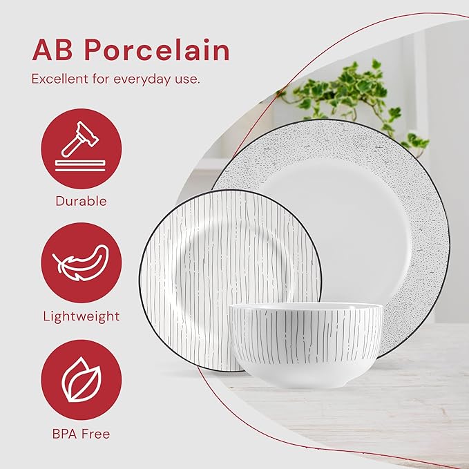 Safdie &amp Co. 12-Piece Black &amp White Sketch Dinnerware Set Porcelain Includes Plates Bowls and Serving Dishes Dishwasher Safe