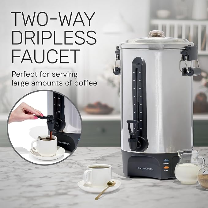 Homecraft 100-Cup Coffee Urn and Hot Beverage Dispenser with Dripless Faucet Quick-Brewing Stainless Steel
