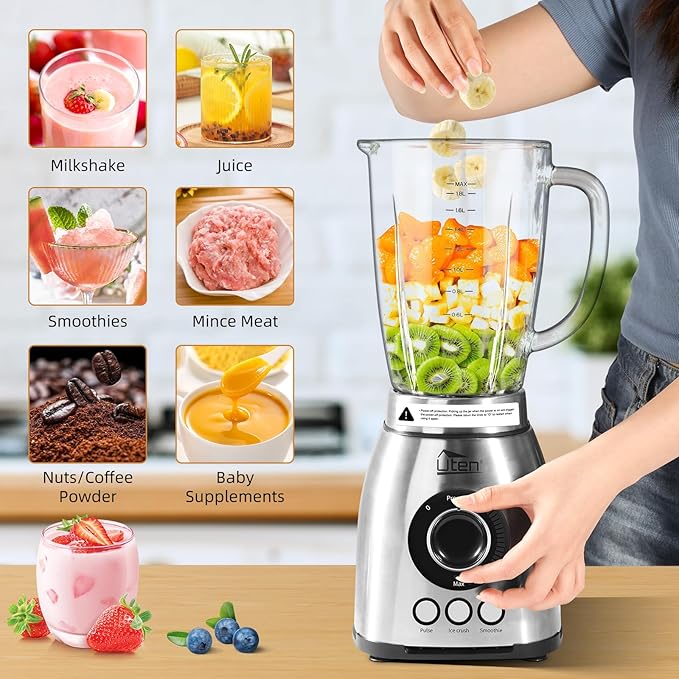 Uten 800 Watt Fast Countertop Blender for Smoothies and Shakes Ground Coffee Beans 60 Oz Glass Jar 18 Speed Levels 3 Programs Ice Crush Smoothie Pulse