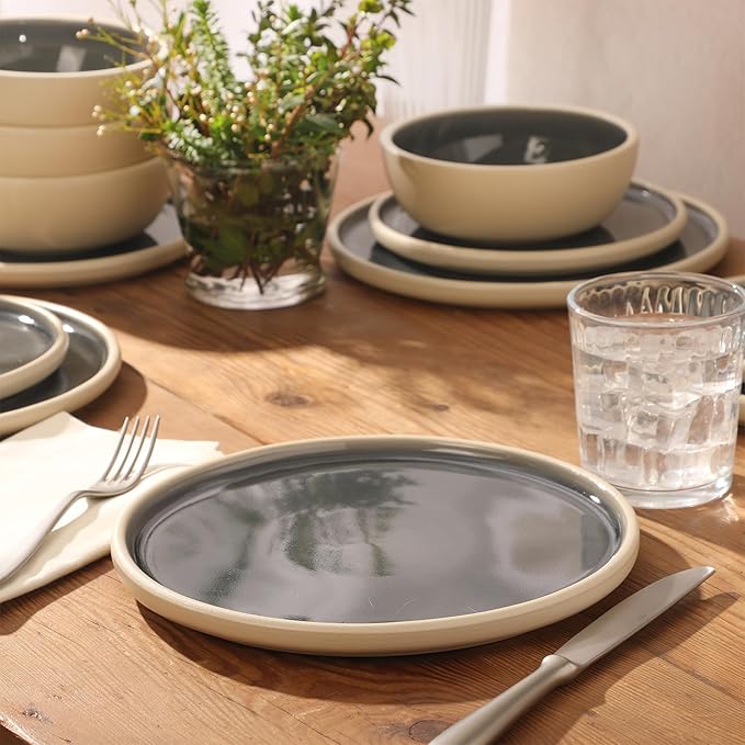 Gibson Elite - Made in Portugal - Port Gaia 12 Piece (Service for 4) Plates and Bowls Reactive Glaze Dishes Stoneware Ceramic Dinnerware Set - Blue