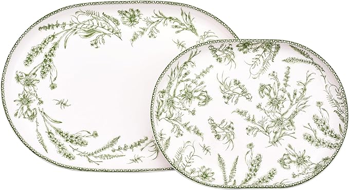 Bico Green Garden Toile De Jouy 16 plus 12 inch Oval Platters Set Set of 2 Microwave and Dishwasher Safe for Serving Fish Chicken Turkey