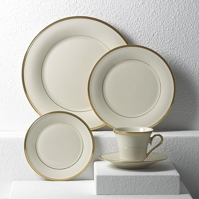 Lenox Dinnerware Set Eternal 5-Piece Place Setting 24-Karat Gold Accents Set Service for 1 Made Of Ivory Porcelain Dishwasher Safe Plates Cups And Saucers Home And Kitchen (Ivory 5 Pcs)