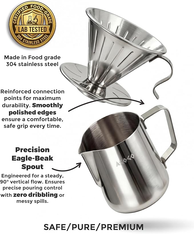 AGOGO Portable Pour Over Coffee Maker V60 Set - Easy Cleaning Compact 304 Stainless Steel Dripper for Camping &amp 50 Filters Paper &amp Barista Towel-Silvery-20oz/600ml