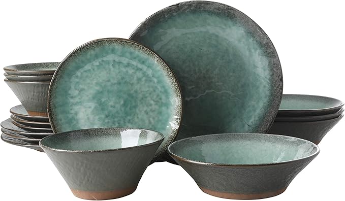 Gibson Elite Green Lantern Service for 4 (16 Piece) Double Bowl Dinnerware Set Teal Soft Gray Dinnerware Set