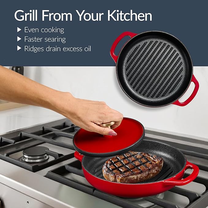 Best Choice Products Non-Stick Pot &amp Pan Cookware Set Cast Iron 2Qt Skillet W/Lid 10 Grill Or Griddle Pan W/Press 6Qt Enameled Dutch Oven Non-toxic For Cooking &amp Grilling - Red