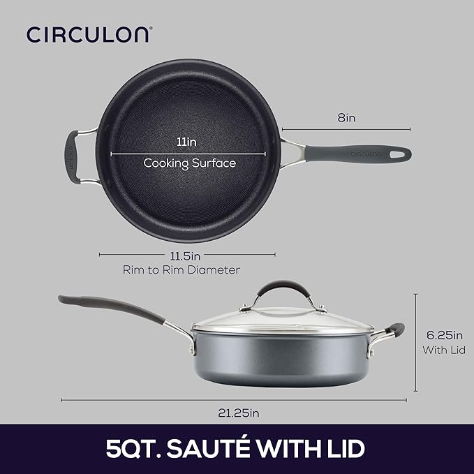 Circulon A1 Series with ScratchDefense Technology Nonstick Induction Sauté Pan with Helper Handle and Lid 5 Quart Graphite