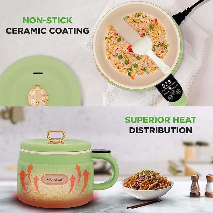NutriChef 1.6 QT Portable Electric Rice Cooker &amp Lunch Maker | Multi-Functional &amp Non-Stick Ceramic Coating | Digital Control Panel | 6 Cook Functions: Rice Soup Stew Porridge &amp More |