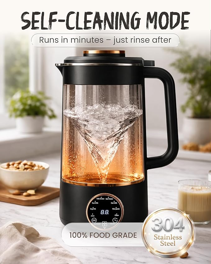Wamery 32oz Nut Milk Machine (Black) - Soy Milk Maker for Almond &amp Oat Blender Automatic Heated Programs Self‑Cleaning Delay Start Keep Warm &amp Boil Water 1‑Liter Capacity with Starter Ki