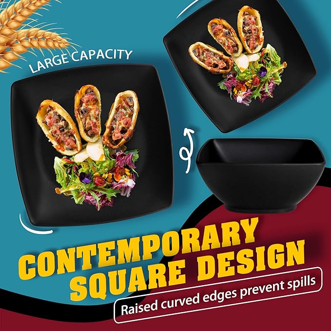 Teivio 48-piece Wheat Straw Square Dinnerware Set for 12 Unbreakable Dinner Plates Salad Plates Snack Bowls Tumblers 13.5 oz Dishwasher Safe Black