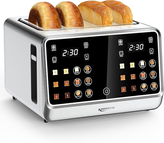 Keenstone Toaster 4 Slice Digital Smart Toaster with TouchScreen Dual Control Panel Single Slot Toasting Timer Reheat &amp Defrost for Bagels Bread Waffles Stainless Steel Kitchen Essentials
