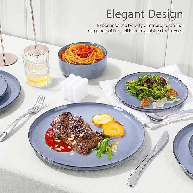 Herogo 6-Piece Stoneware Dinnerware Sets for 2 Stackable Dinner Plates and Bowls Sets Double Reactive Glaze Dishware Place Setting for Kitchen Scratch Resistant Microwave Safe Haze Blue